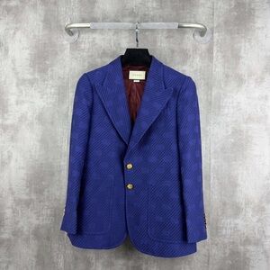 Gucci Royal Blue Jacquard Wool Blazer with Gold Buttons
